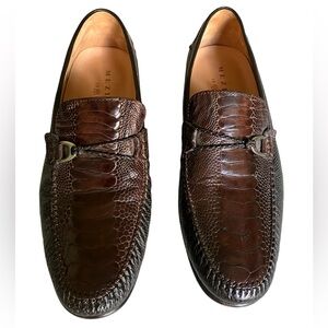 Mezlan Vesta Ostrich Leg and Woven Calfskin Moc Toe Bit Strap Loafers, Brown 11